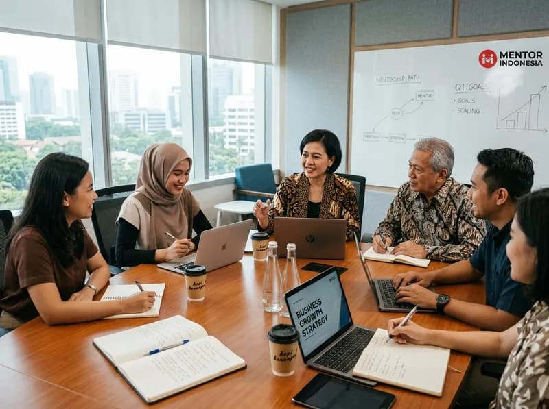 Tim mentor bisnis sedang berdiskusi