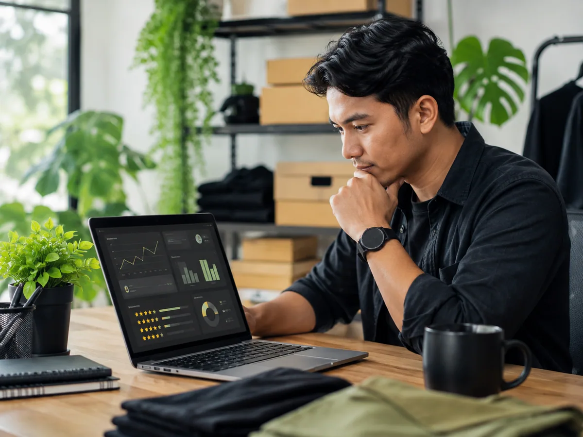 Penjual menganalisis ulasan dan performa toko online di laptop untuk optimasi penjualan