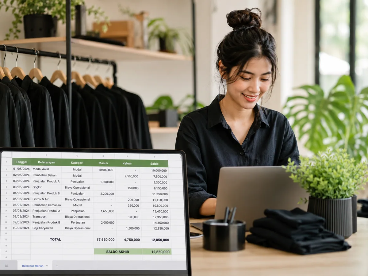 Contoh buku kas harian digital dengan spreadsheet dan rumus saldo otomatis di Google Sheets atau Excel
