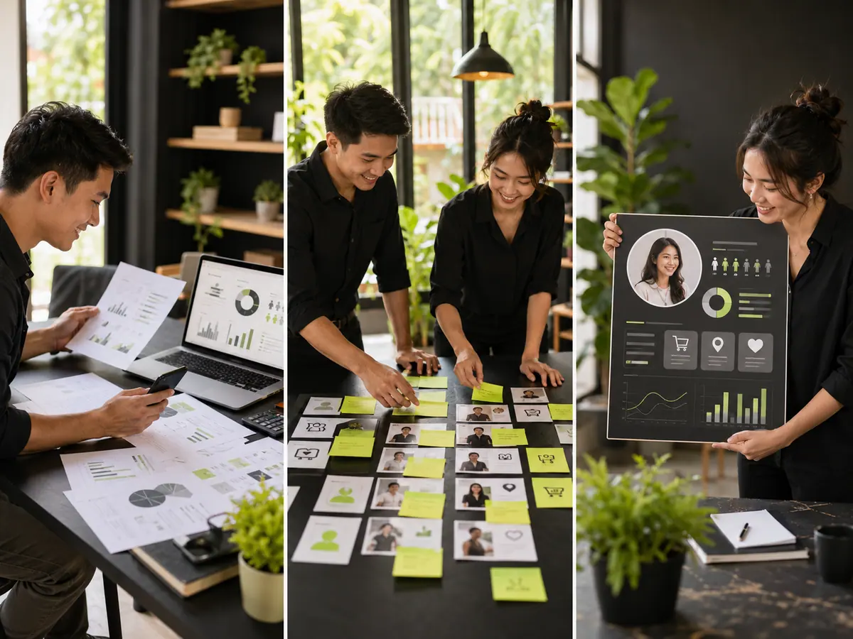 Alur langkah membuat buyer persona dari mengumpulkan data, mengelompokkan pola, sampai menyusun profil persona