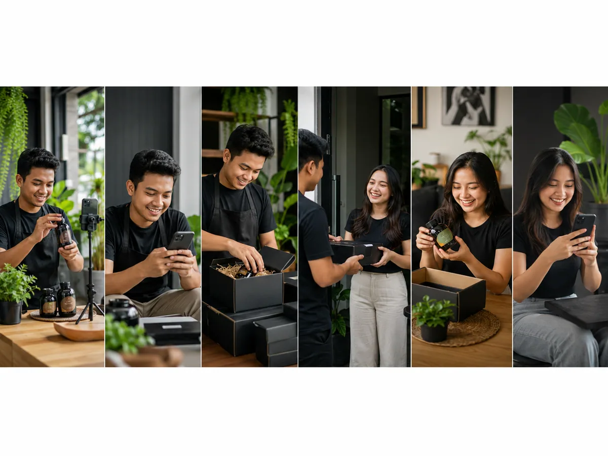 Contoh alur funnel penjualan sederhana untuk UMKM dari konten media sosial sampai pembelian ulang