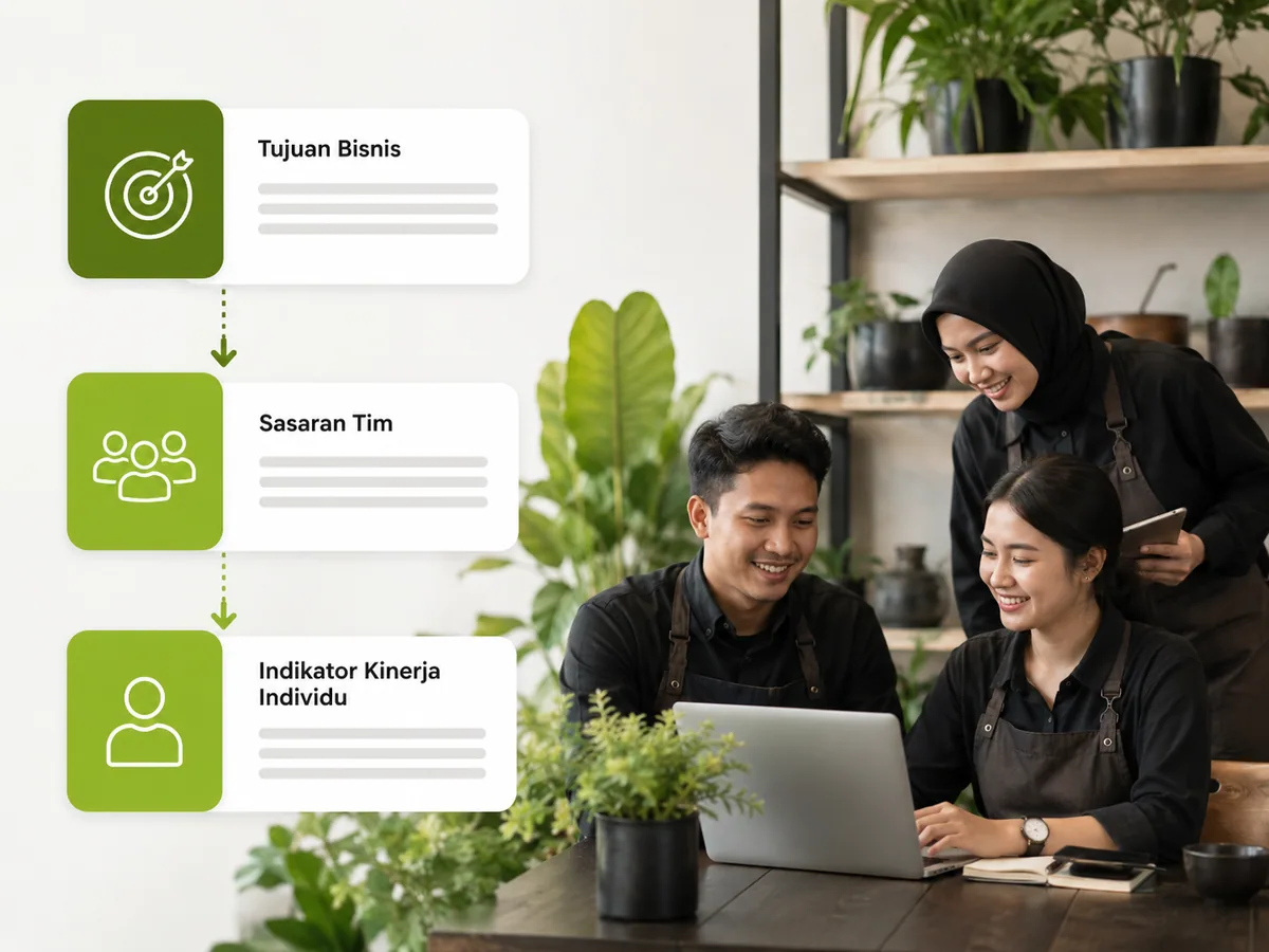 Alur penurunan KPI dari tujuan bisnis ke sasaran tim lalu indikator kinerja individu karyawan