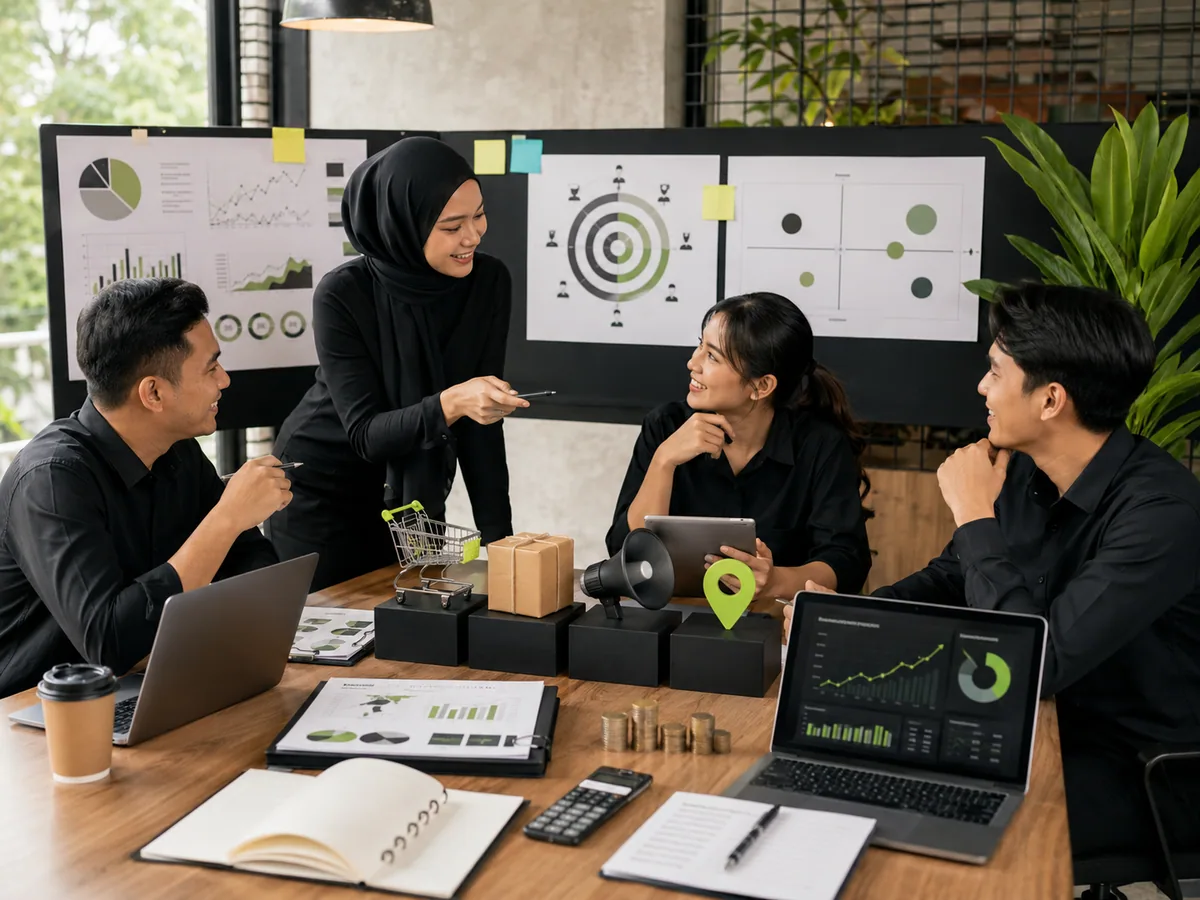 Komponen utama rencana pemasaran UMKM: analisis situasi, target pasar, positioning, bauran pemasaran 4P, anggaran, dan KPI