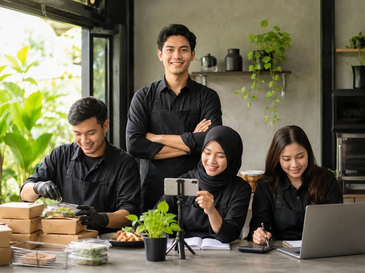 Contoh bagan struktur organisasi sederhana UMKM kuliner dengan pemilik, koordinator operasional, pemasaran, dan keuangan