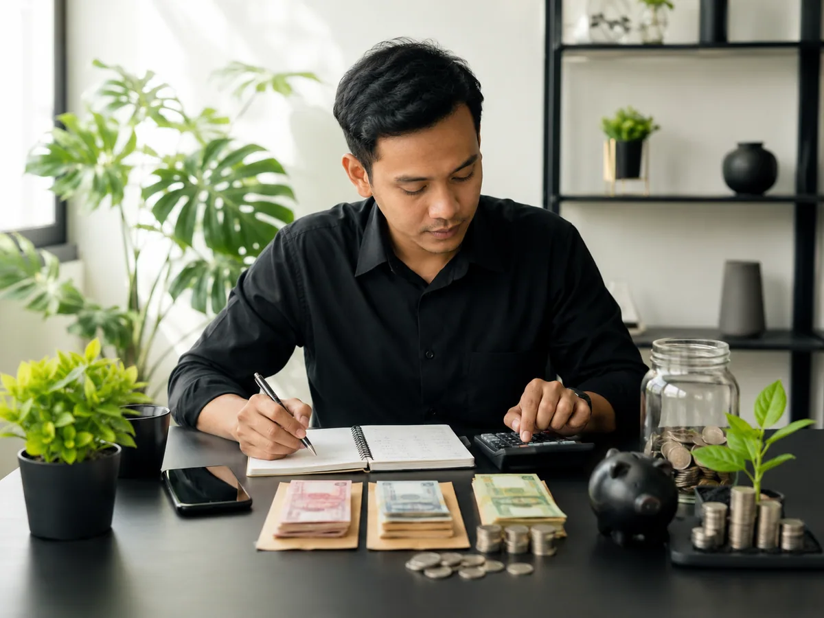 Ilustrasi anggaran freelancer berbasis penghasilan terendah dengan surplus dialokasikan ke dana darurat dan investasi