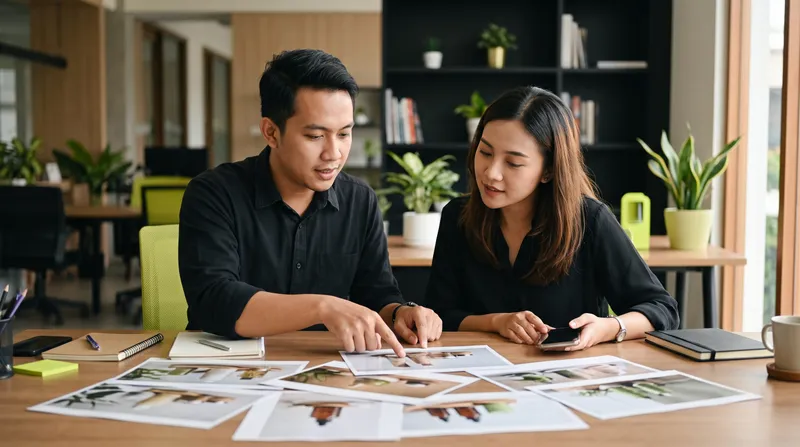 Dua pemasar membandingkan beberapa cetakan foto produk di meja sebelum memilih materi iklan