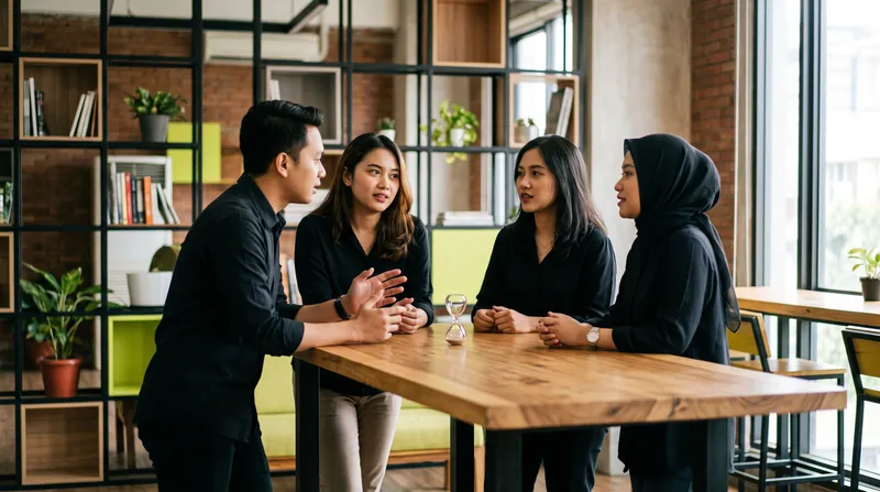 Empat anggota tim berdiskusi singkat sambil berdiri di sekitar meja tinggi dengan jam pasir di atasnya