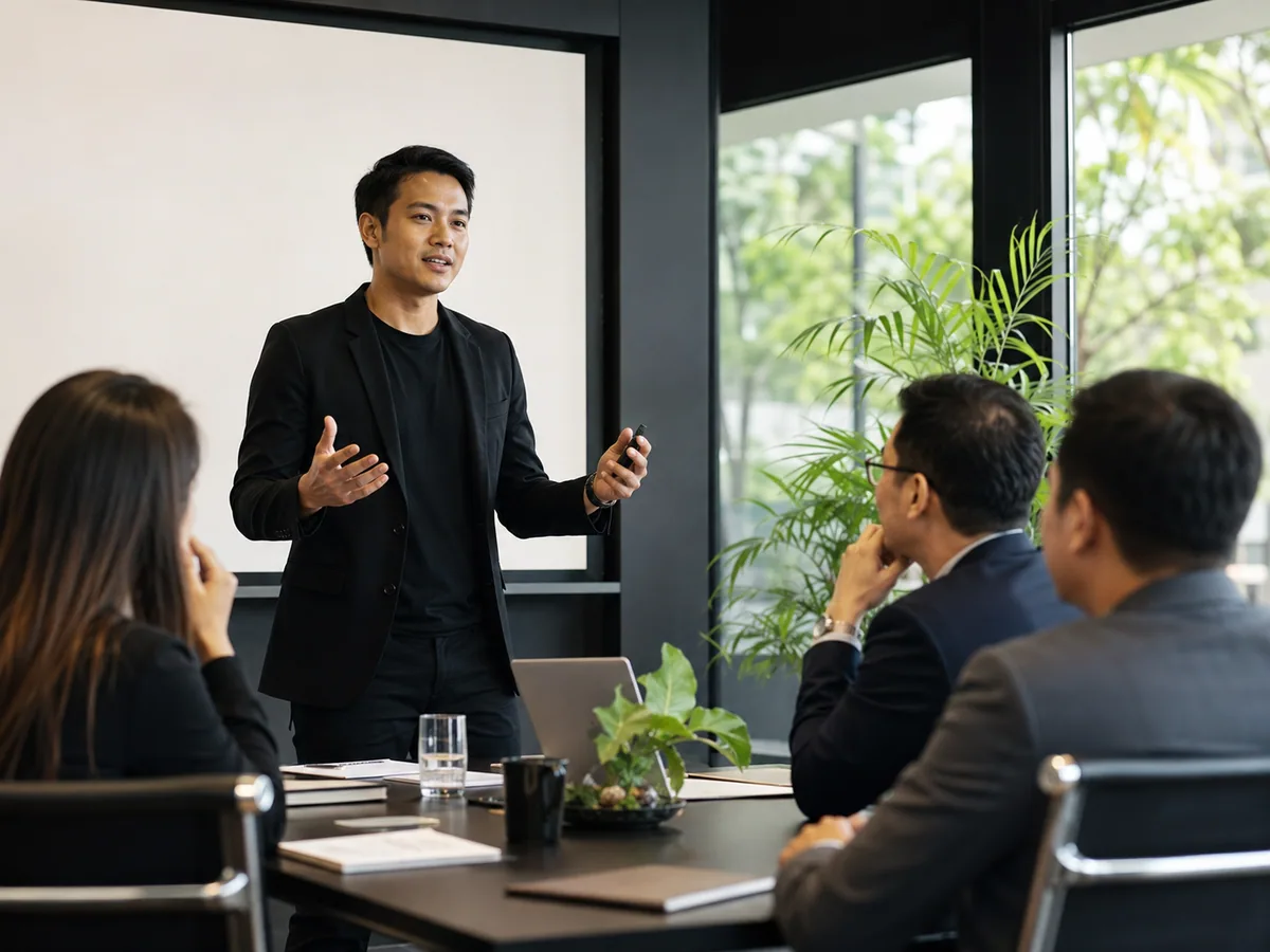 Founder menyampaikan presentasi bisnis dengan percaya diri di hadapan panel investor
