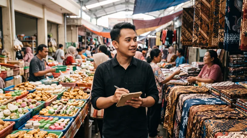 Pelaku usaha mengamati lapak makanan ringan dan kain di pasar tradisional sambil membawa buku catatan