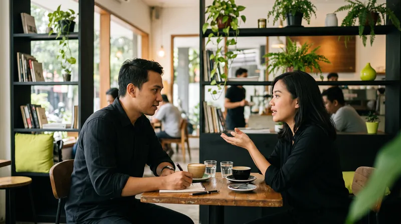 Pelaku usaha mewawancarai pelanggan di meja kafe sambil mencatat jawabannya