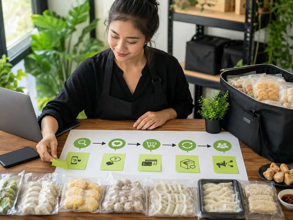 Contoh customer journey map usaha frozen food UMKM dari awareness sampai advocacy
