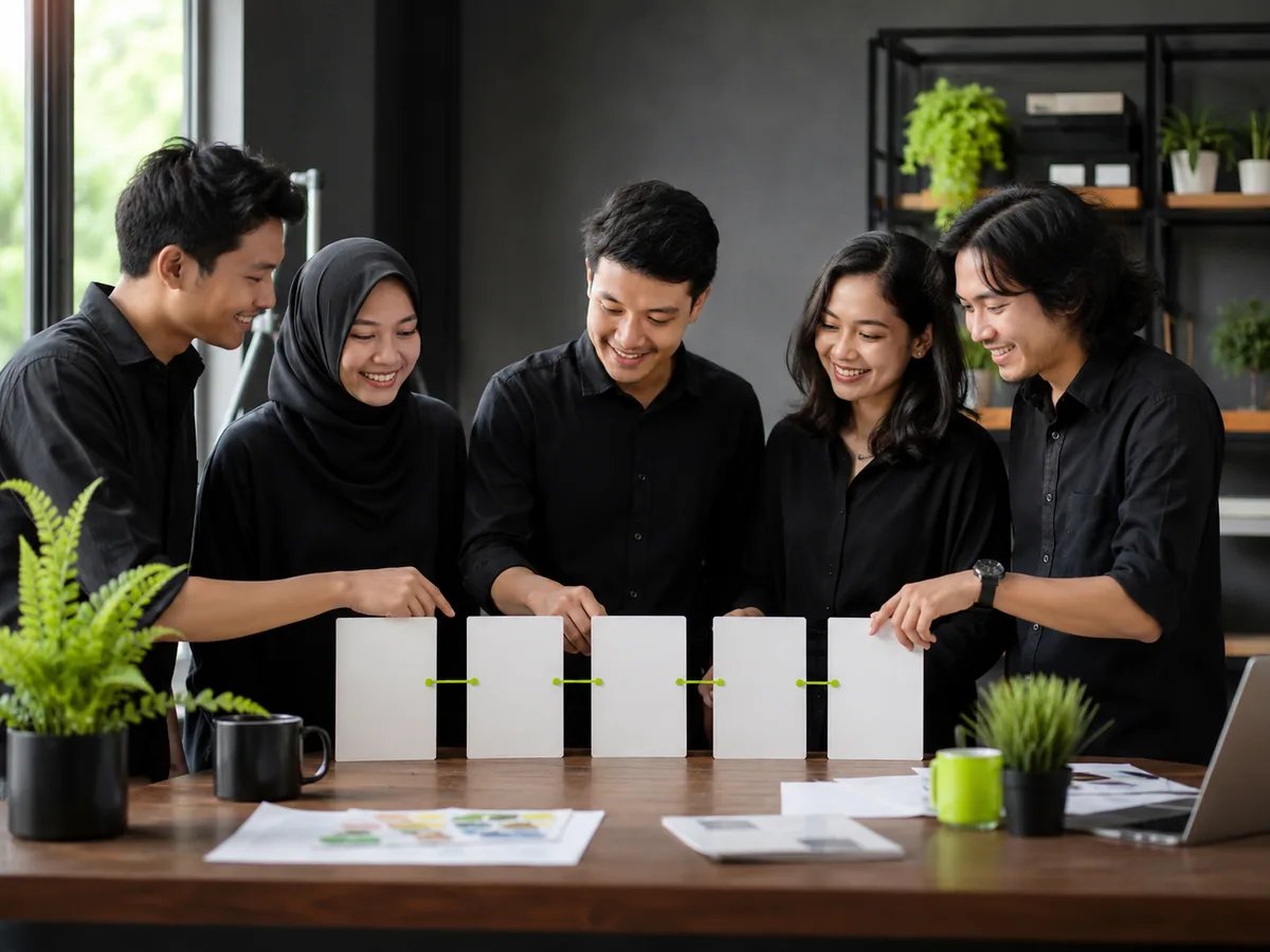 Tim berdiskusi di depan lima kartu kosong berantai sebagai ilustrasi tahapan customer journey map