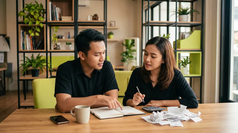 Ilustrasi dua orang membahas catatan dan nota di meja untuk merencanakan keuangan usaha