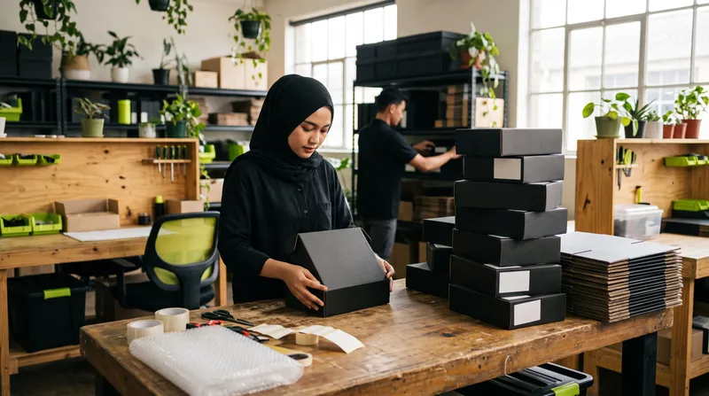 Penjual daring berhijab mengemas pesanan pelanggan ke dalam kardus hitam di meja pengemasan
