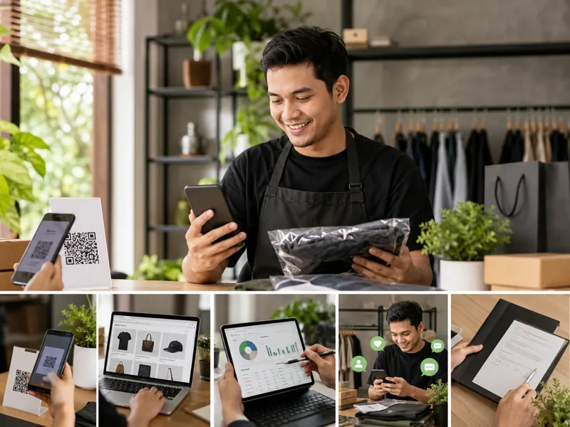 Ilustrasi lima tahapan digitalisasi UMKM dari pembayaran digital sampai legalitas usaha