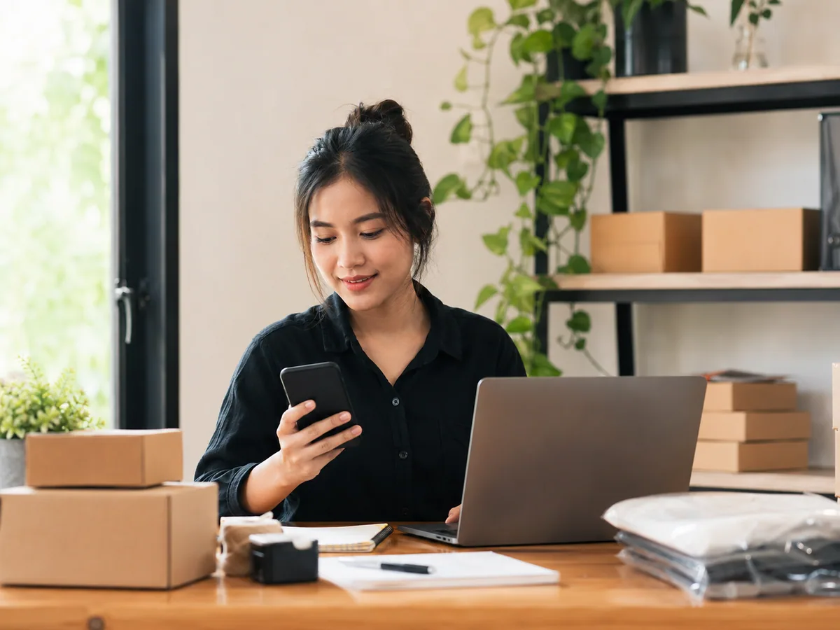 Pemula bisnis online sedang mengelola pesanan dari laptop dan ponsel di meja kerja sederhana