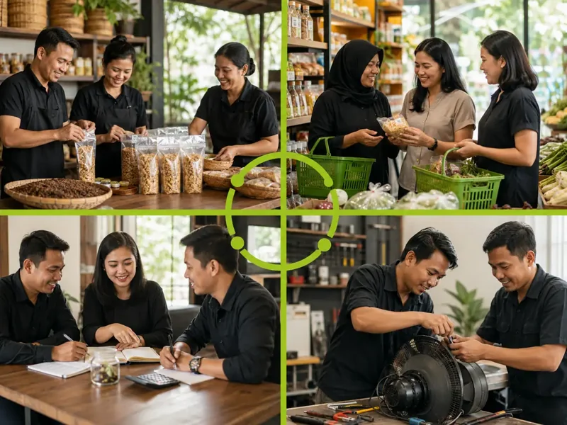 Ilustrasi empat kegiatan koperasi dalam panel sebagai pembanding layanan jasa