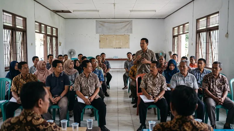 Anggota koperasi duduk berjajar di balai pertemuan sementara salah satu anggota berbicara