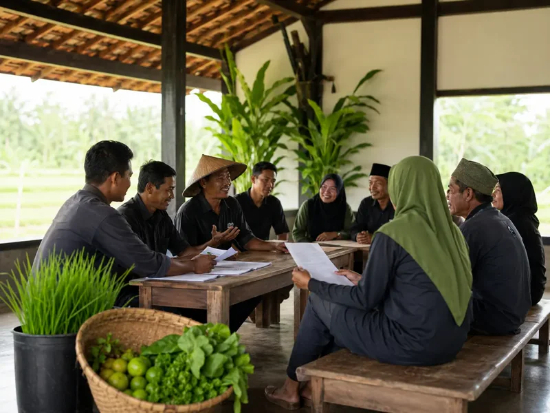Anggota koperasi tani sedang menggelar rapat di balai desa sebagai contoh koperasi primer di sektor pertanian