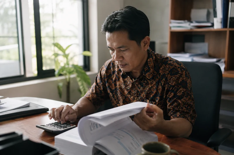 Pelaku usaha menghitung simulasi angsuran KUR BRI 500 juta memakai kalkulator dan laporan keuangan