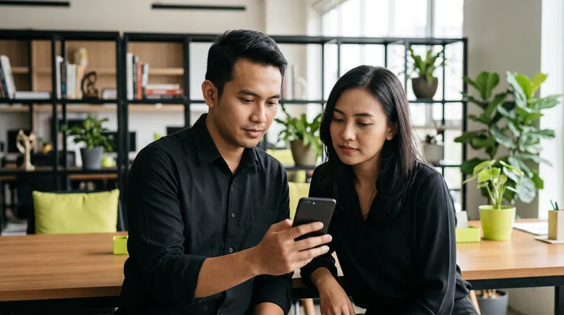 Pemilik usaha dan rekannya membaca pesan pelanggan di ponsel dengan tenang
