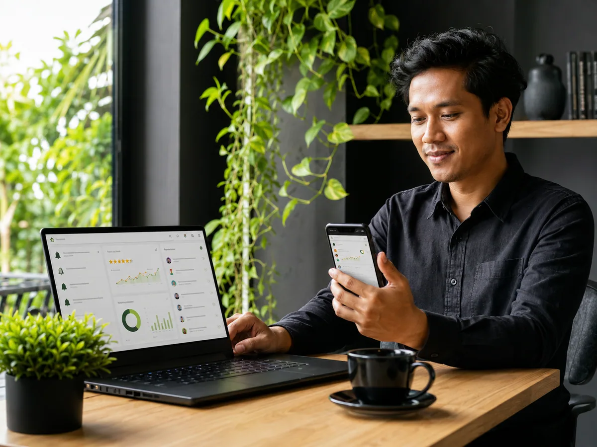 Ilustrasi tools memantau reputasi online bisnis: Google Alerts, dashboard ulasan, dan pemantauan media sosial