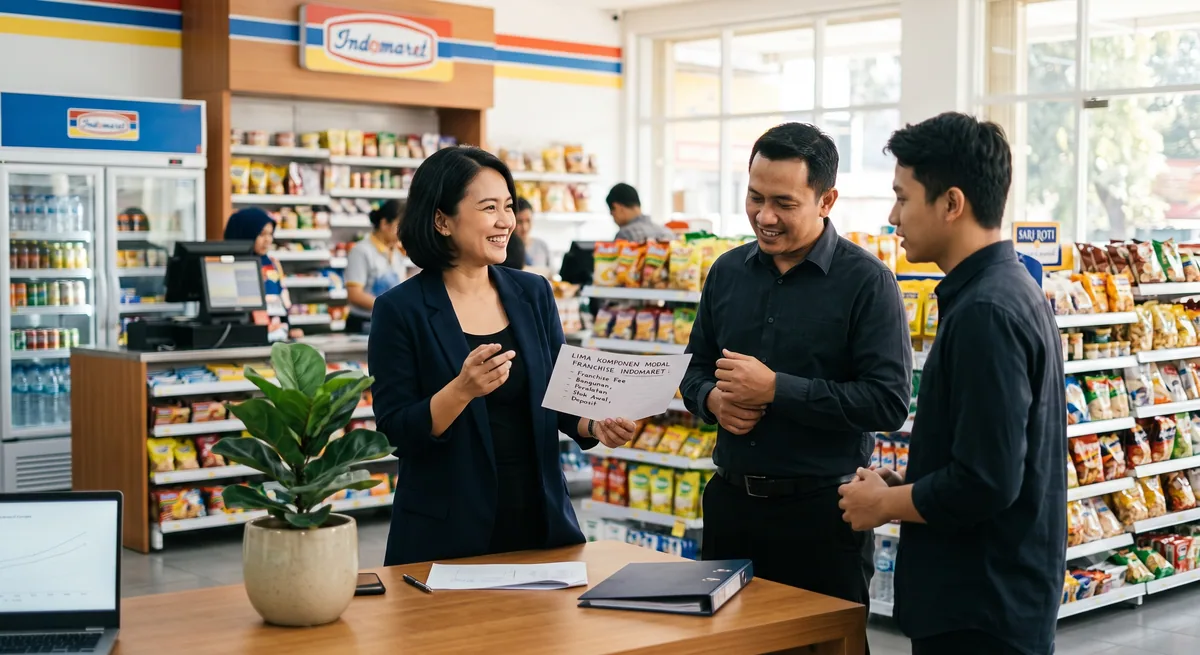 Lima komponen modal franchise Indomaret: franchise fee, bangunan, peralatan, stok awal, dan deposit