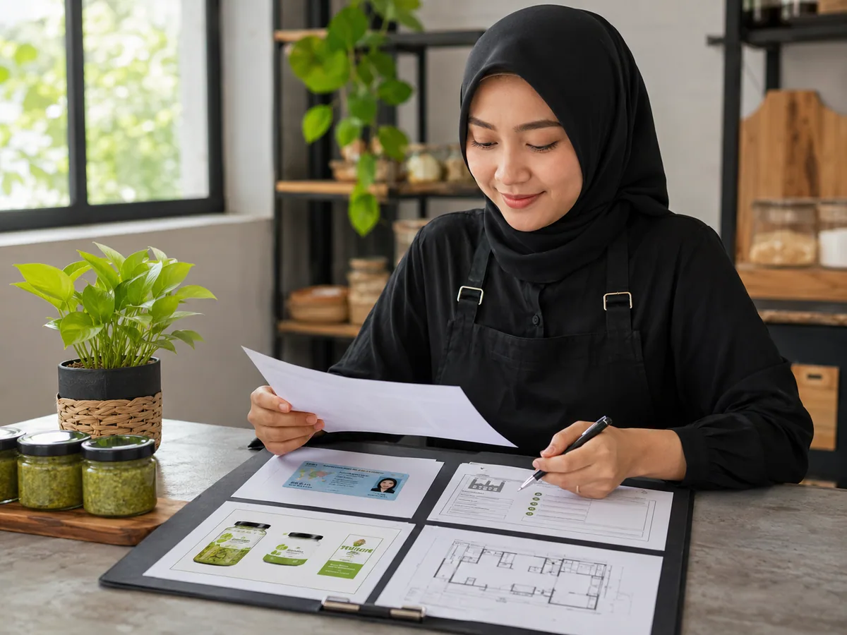 Dokumen syarat mengurus izin PIRT untuk usaha makanan: KTP, NIB, desain label, dan denah lokasi produksi