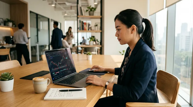 Investor muda Indonesia sedang menganalisis data saham di laptop dengan grafik keuangan di layar