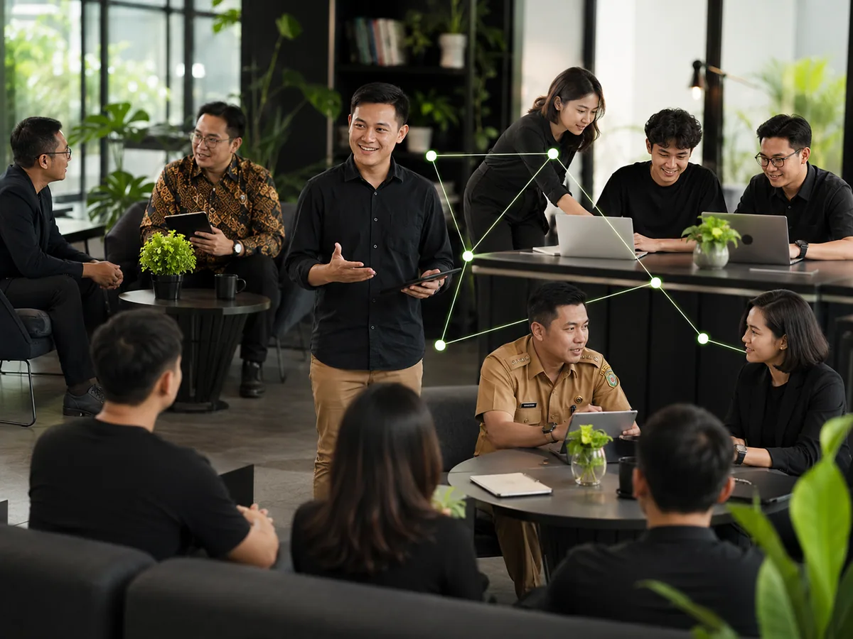 Diagram ekosistem startup Indonesia: pendiri, investor, inkubator, talenta, dan pemerintah saling terhubung