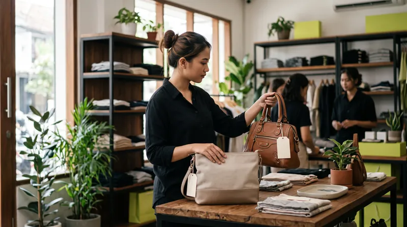 Pembeli di butik membandingkan tas kulit premium dengan tas yang lebih sederhana di meja pajangan