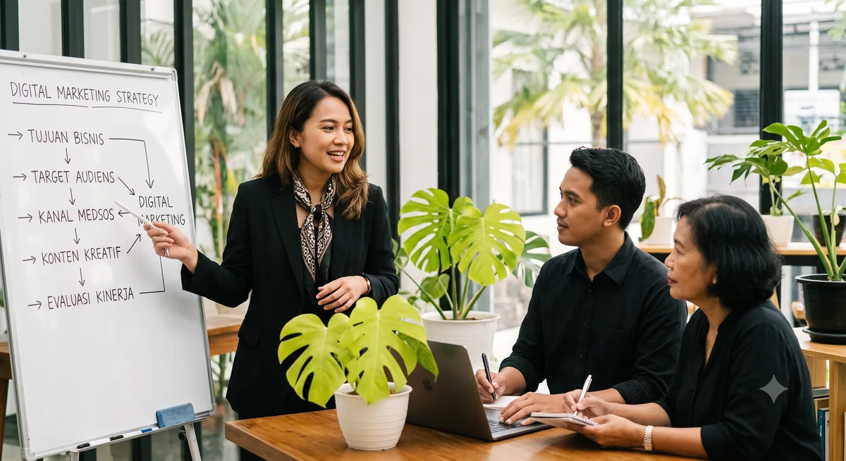 Alur menyusun strategi pemasaran digital UMKM dari tujuan, target audiens, pemilihan kanal, konten, sampai evaluasi