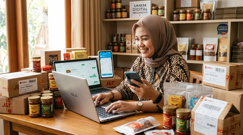Pelaku UMKM Indonesia mengelola bisnis online melalui laptop dan smartphone dengan produk-produk siap kirim