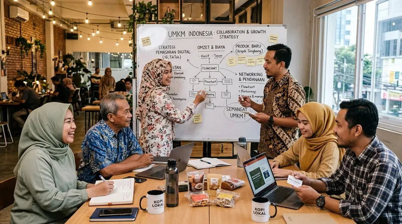 Komunitas pengusaha UMKM Indonesia berdiskusi strategi bisnis bersama di co-working space